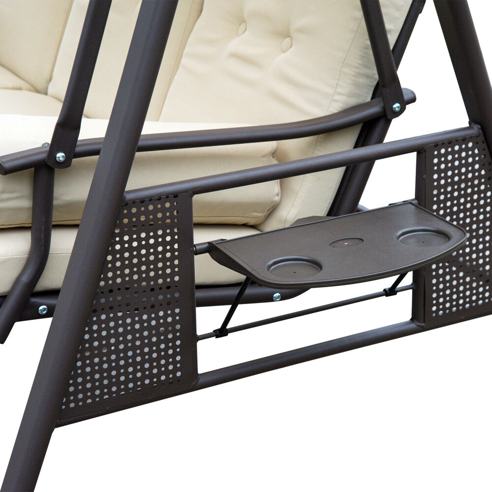 3 Seat Garden Swing Chair Patio Steel Swing Bench w/ Cup Trays Beige