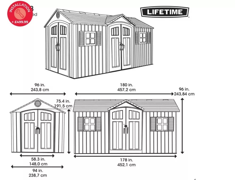 Lifetime 15ft x 8ft (4.6 x 2.4m) Dual Entry Garden Storage Shed - Model 60318