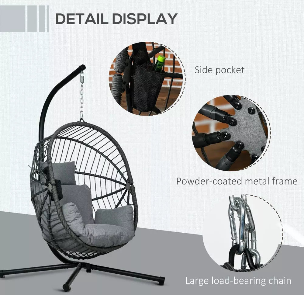Hanging Swing Egg Chair w/ Thick Cushion, Patio Hanging Chair, Grey w