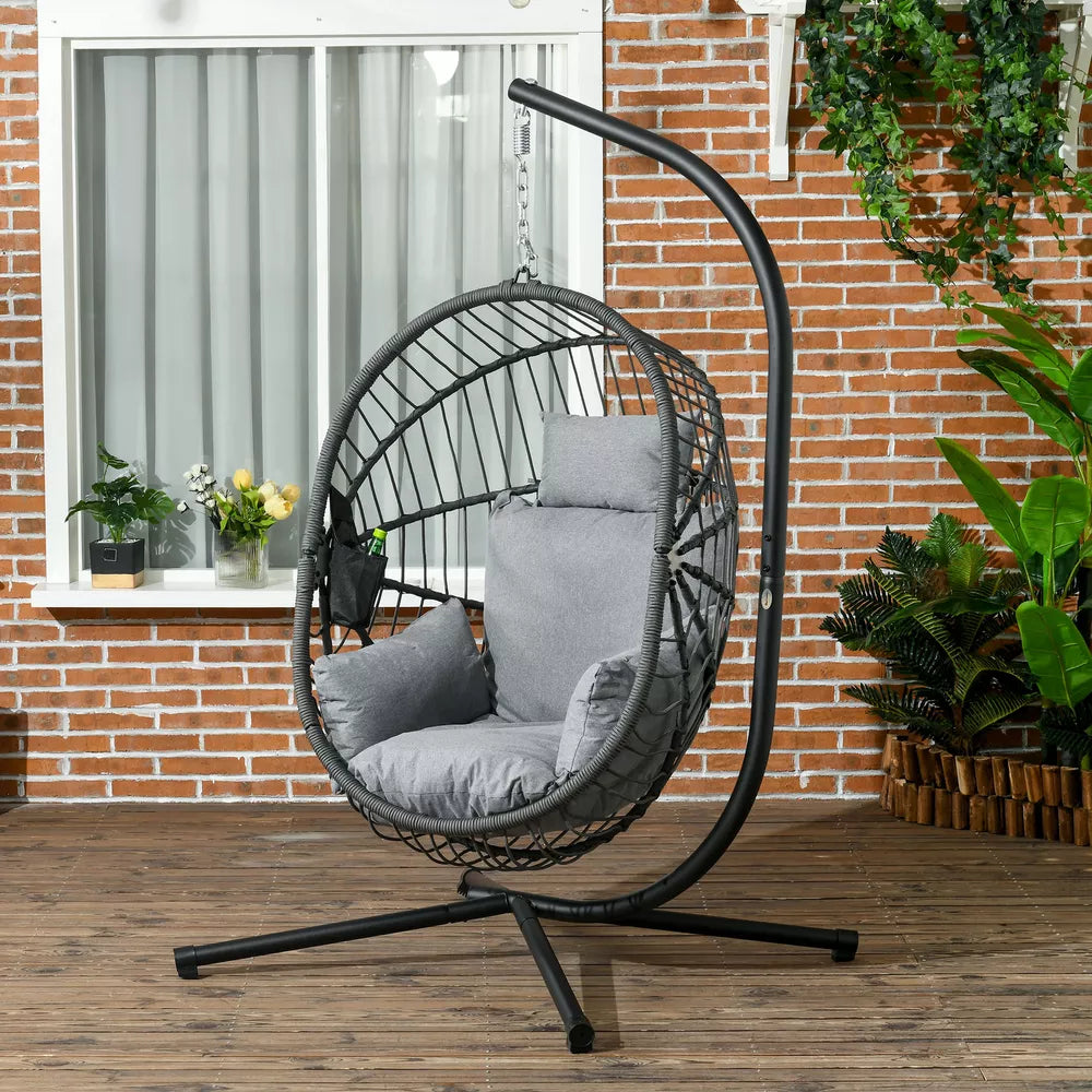 Hanging Swing Chair w/ Thick Cushion, Patio Hanging Chair, Grey