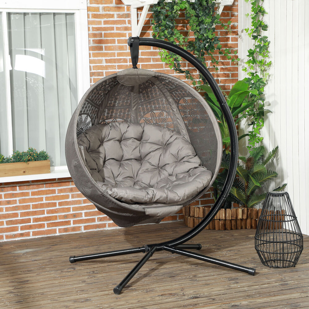 Hanging Swing Egg Chair w/ Metal Stand & Side Pocket, Sand