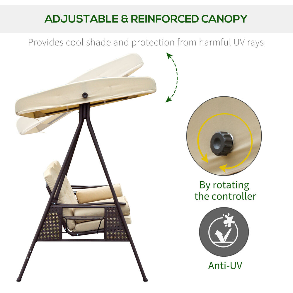 3 Seat Garden Swing Chair Patio Steel Swing Bench w/ Cup Trays Beige