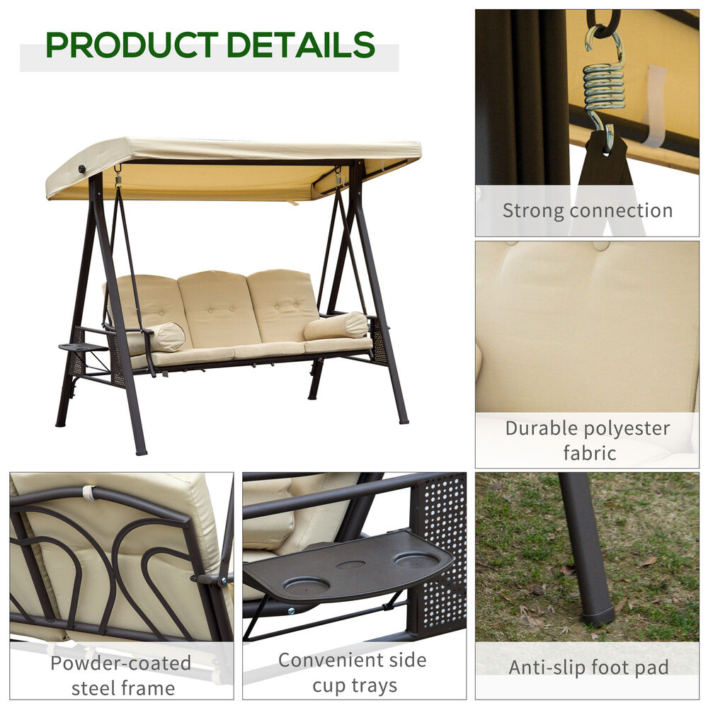 3 Seat Garden Swing Chair Patio Steel Swing Bench w/ Cup Trays Beige