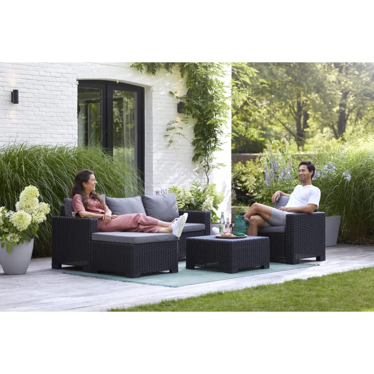 Keter California 4 Seater Outdoor Garden Furniture Chaise Lounge Set - Graphite with Grey Cushions