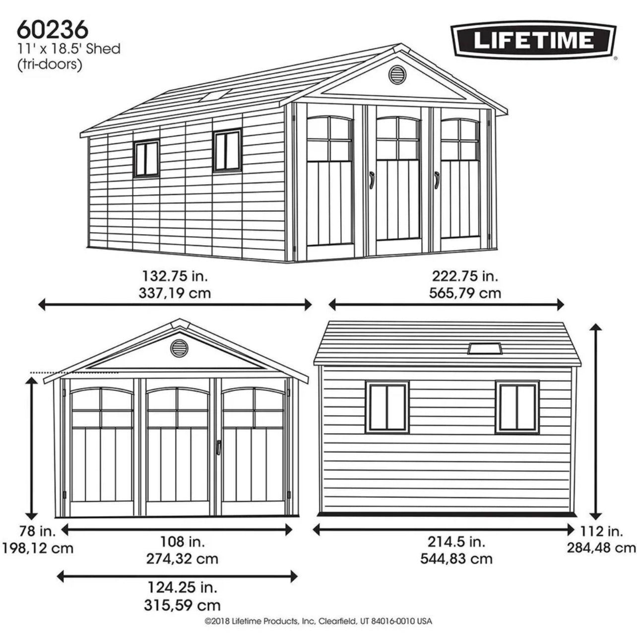 Lifetime 11ft x 18ft 6" (3.3 x 5.6m) Outdoor Storage Shed with Tri-Folding Door - Model 60236
