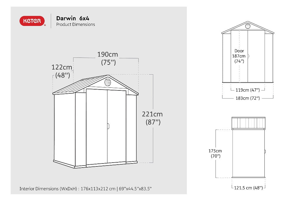 Keter Darwin 6x4 Grey Double Door Plastic Shed with floor (Base included)