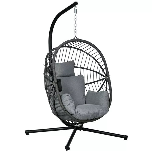 Hanging Swing Chair w/ Thick Cushion, Patio Hanging Chair, Grey