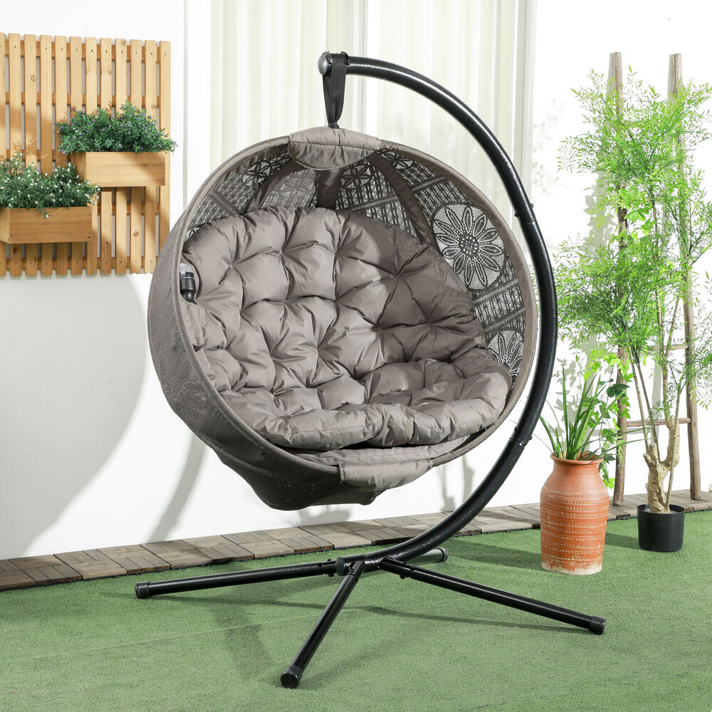 Hanging Swing Egg Chair w/ Metal Stand & Side Pocket, Sand