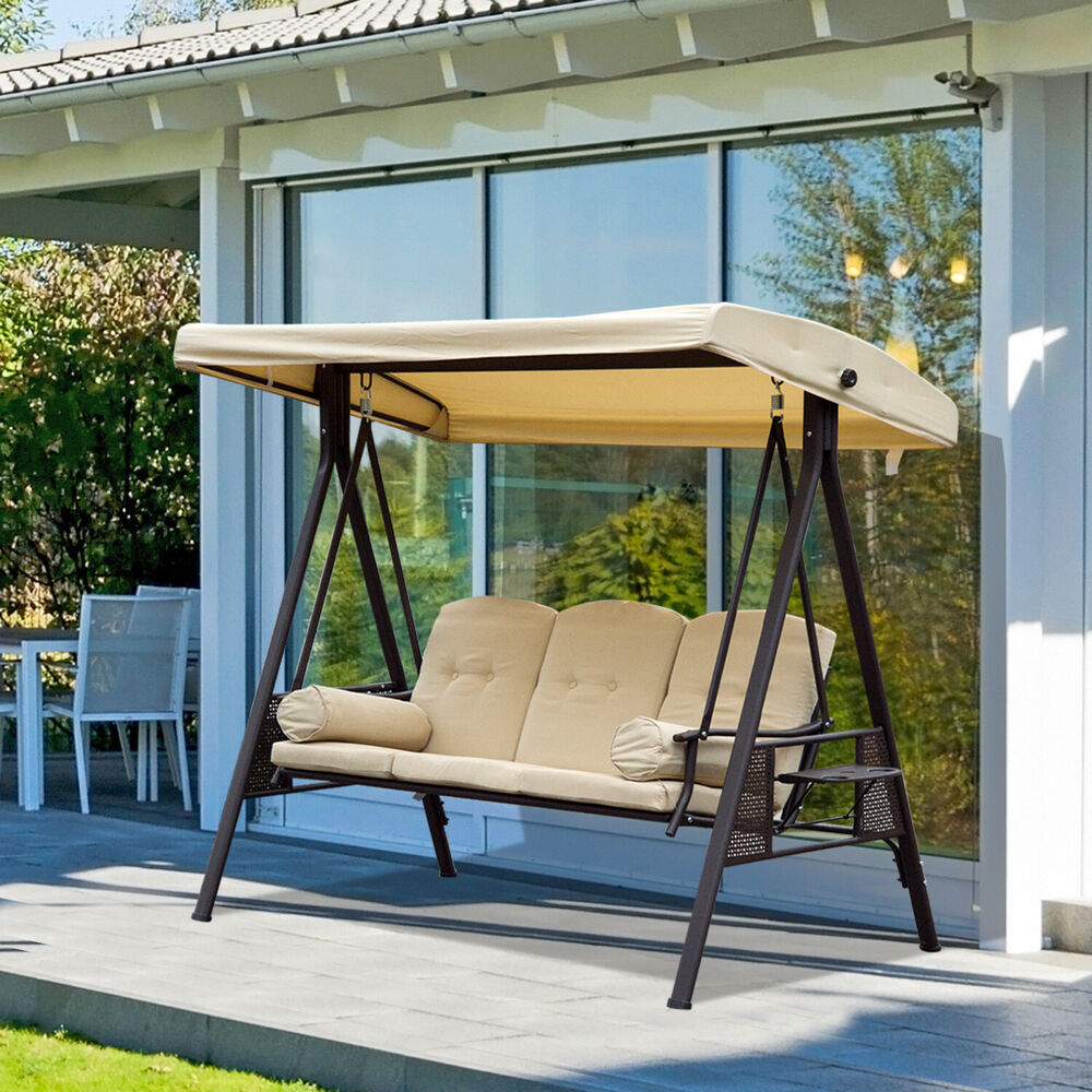 3 Seat Garden Swing Chair Patio Steel Swing Bench w/ Cup Trays Beige