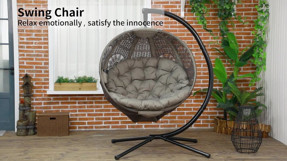 Hanging Swing Egg Chair w/ Metal Stand & Side Pocket, Sand