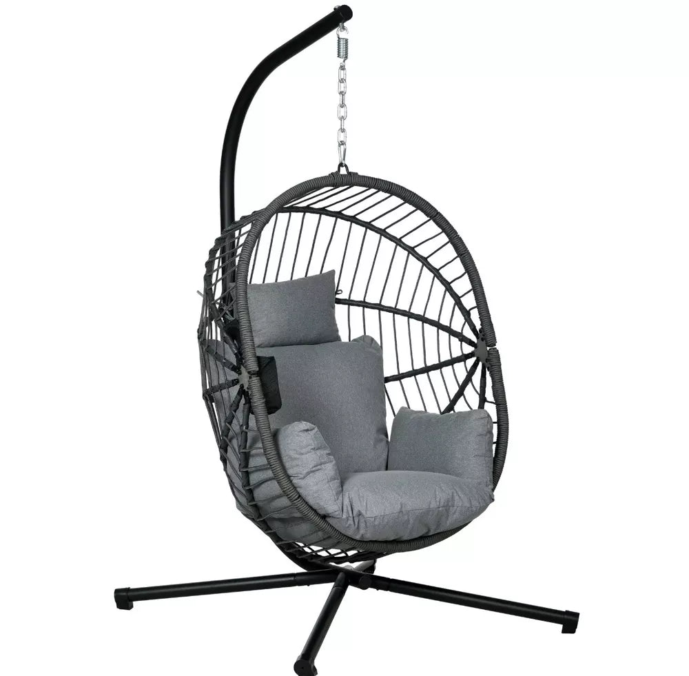Hanging Swing Egg Chair w/ Thick Cushion, Patio Hanging Chair, Grey w