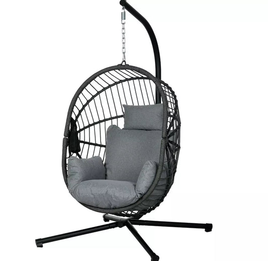 Hanging Swing Egg Chair w/ Thick Cushion, Patio Hanging Chair, Grey w