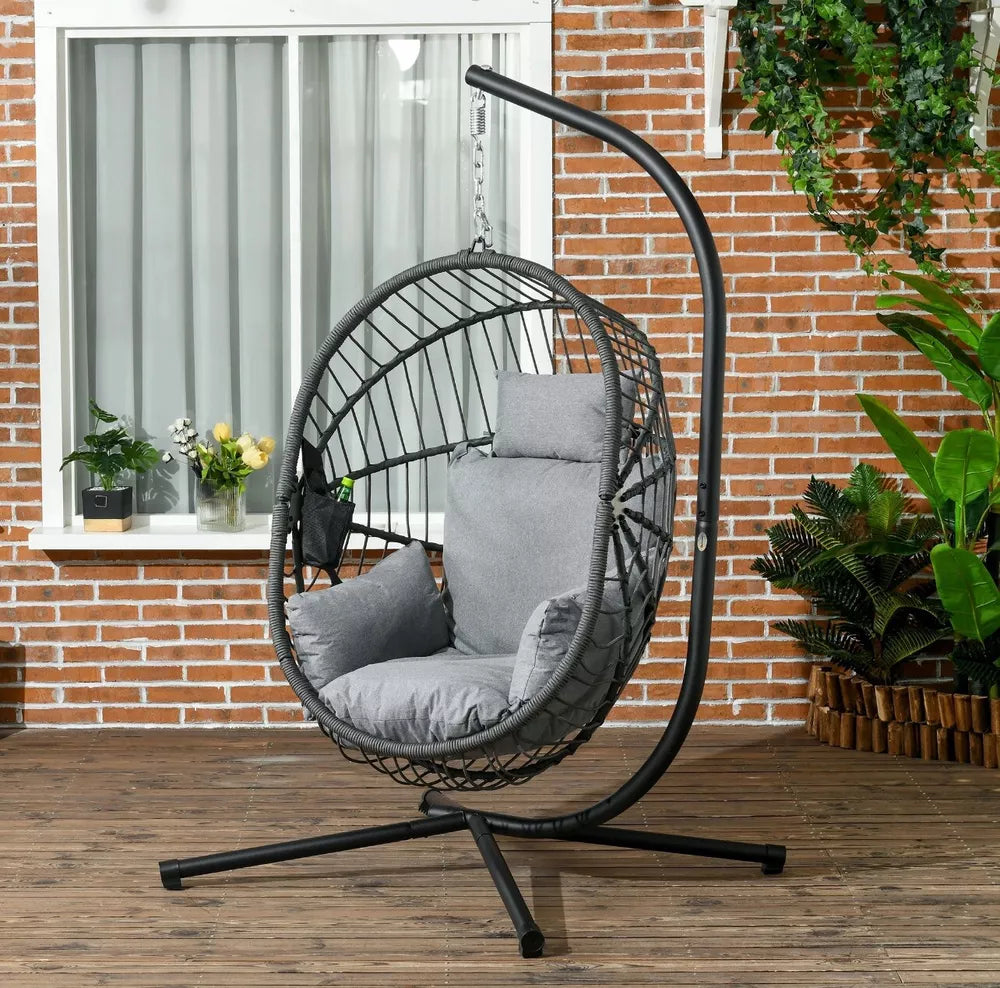 Hanging Swing Egg Chair w/ Thick Cushion, Patio Hanging Chair, Grey w