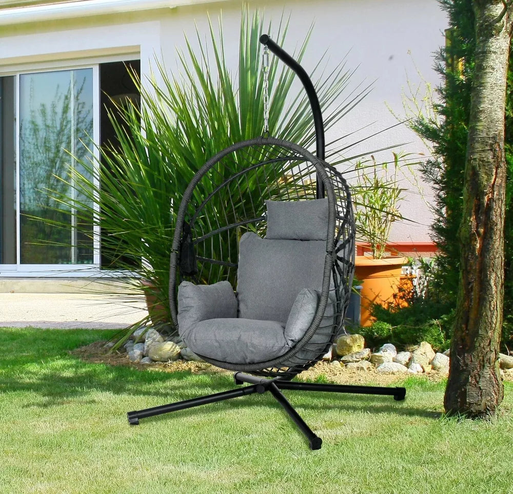 Hanging Swing Egg Chair w/ Thick Cushion, Patio Hanging Chair, Grey w