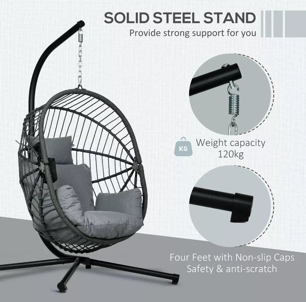Hanging Swing Egg Chair w/ Thick Cushion, Patio Hanging Chair, Grey w